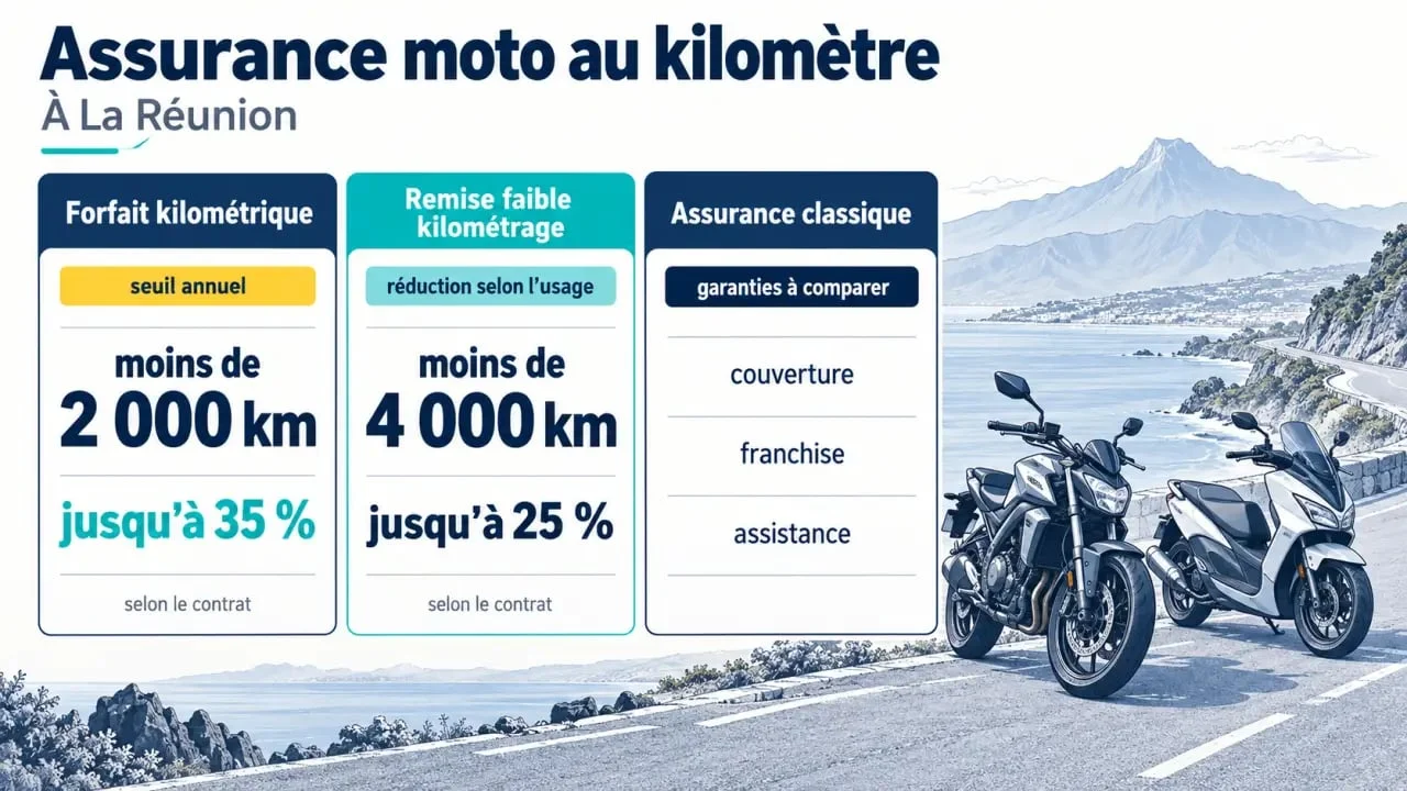 Assurance moto au kilomètre à La Réunion : comparaison entre forfait kilométrique, remise faible kilométrage et assurance classique