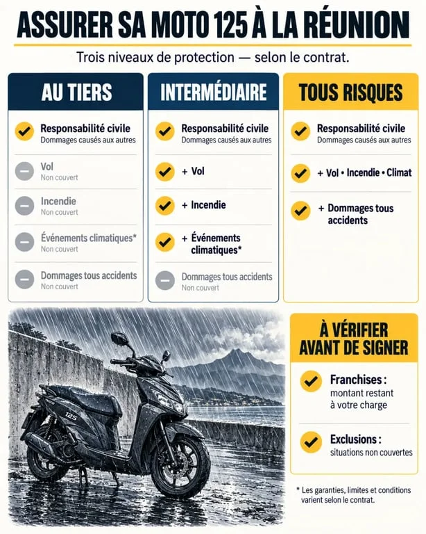 Infographie pour comprendre un devis assurance 125 Réunion et comparer les niveaux de garanties