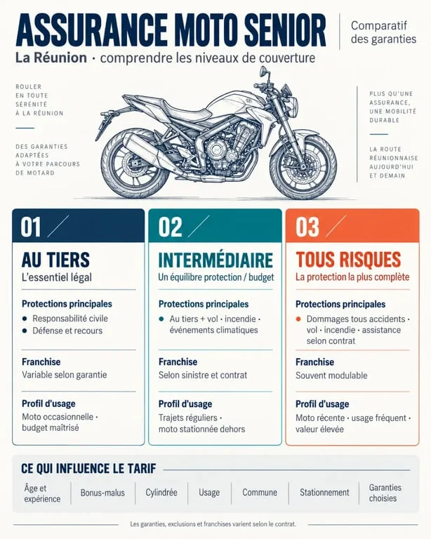 Infographie sur le tarif d’une assurance moto senior à La Réunion et les formules de garanties