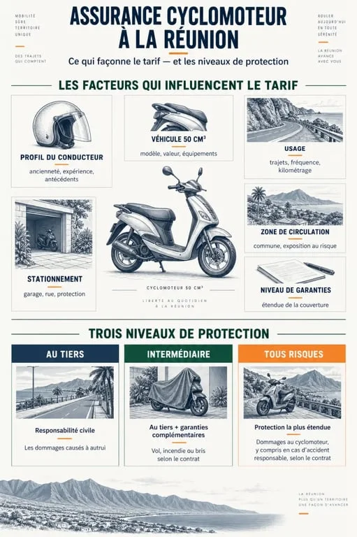 Infographie sur le prix d’une assurance cyclomoteur à La Réunion et les facteurs qui influencent le tarif