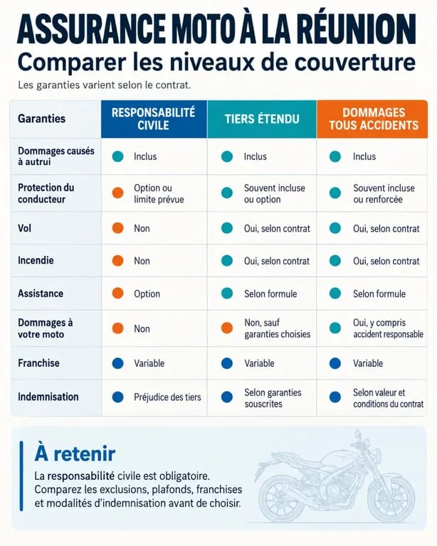 Meilleure assurance moto Réunion : comparaison des niveaux de garanties, franchises et assistance