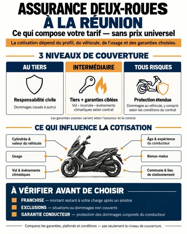 Infographie sur le tarif d’une assurance deux-roues à La Réunion et les niveaux de garanties