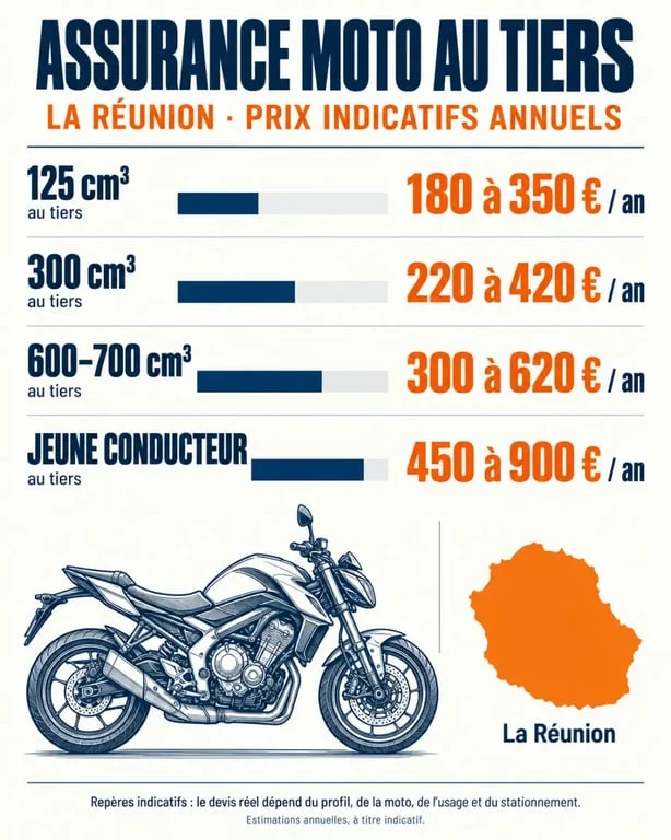 Infographie sur le prix d’une assurance moto au tiers à La Réunion selon la cylindrée et le profil