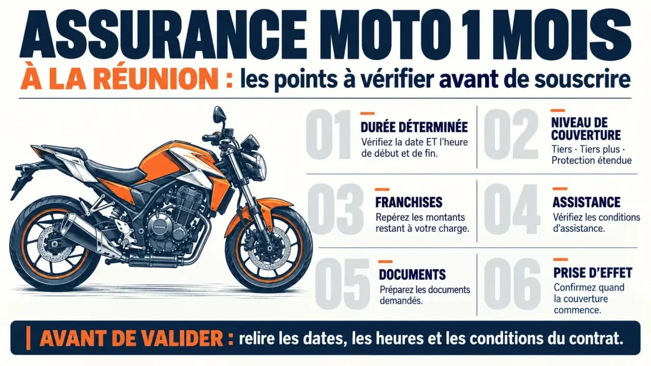 Infographie sur l’assurance moto 1 mois à La Réunion et les garanties à comparer
