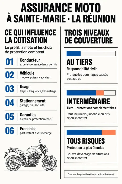 Infographie sur le tarif d’une assurance moto à Sainte-Marie et les facteurs qui influencent le prix
