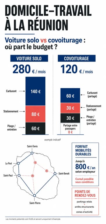 Réduire ses frais de déplacement à La Réunion grâce au covoiturage : comparaison visuelle entre voiture solo et frais partagés